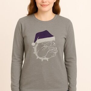 Gray Sweatshirt with Sparkle Bulldog and Purple Santa Hat Design